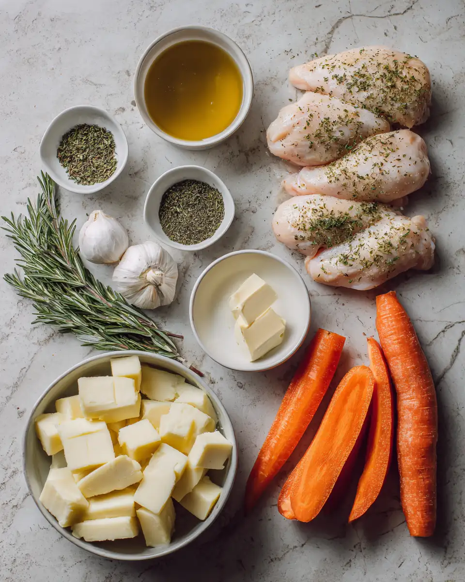 Ingredients for Irresistible Creamy Herb Chicken with Mashed Potatoes and Glazed Carrots