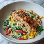 Delicious Creamy Salmon Orzo with Fresh Spinach and Colorful Bell Peppers - Featured Image