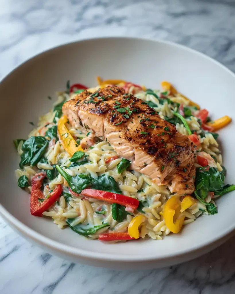 Delicious Creamy Salmon Orzo with Fresh Spinach and Colorful Bell Peppers - Featured Image