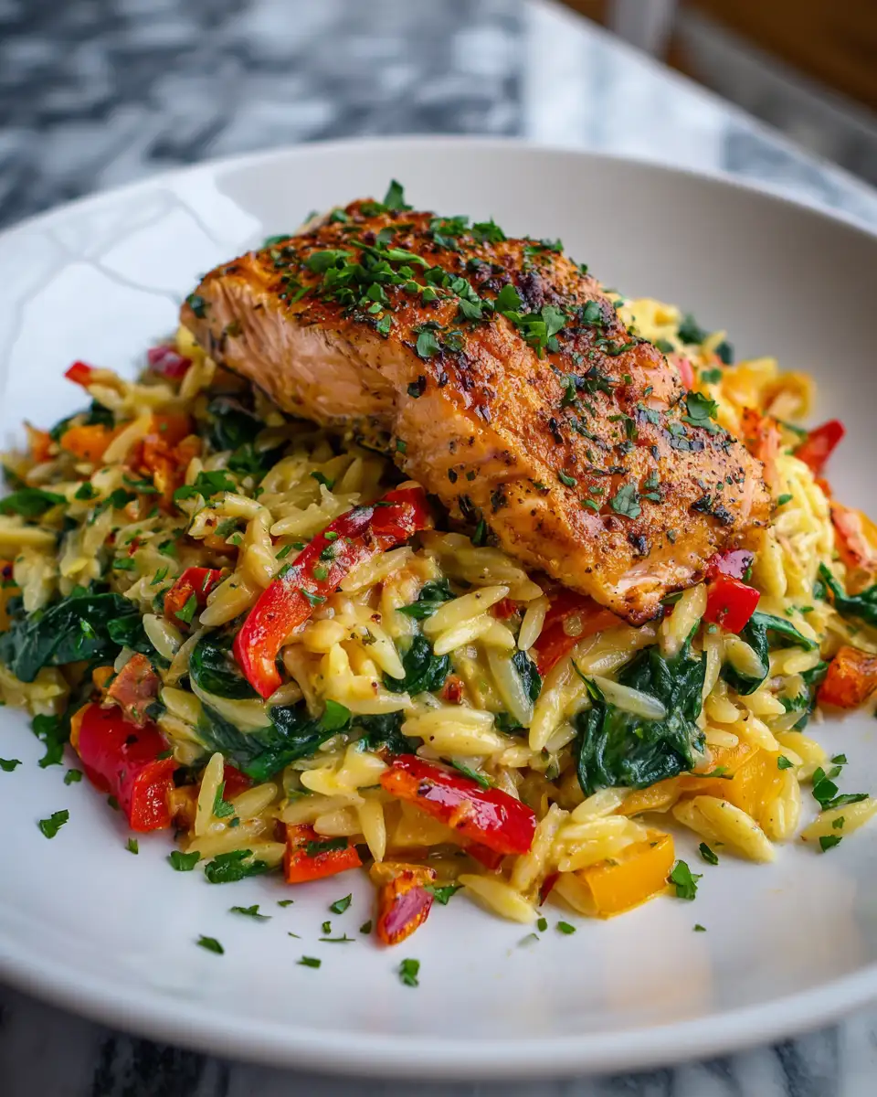 Final dish - Delicious Creamy Salmon Orzo with Fresh Spinach and Colorful Bell Peppers