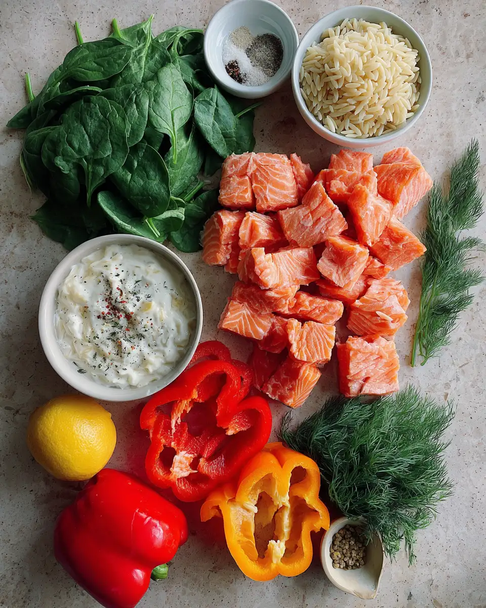 Ingredients for Delicious Creamy Salmon Orzo with Fresh Spinach and Colorful Bell Peppers