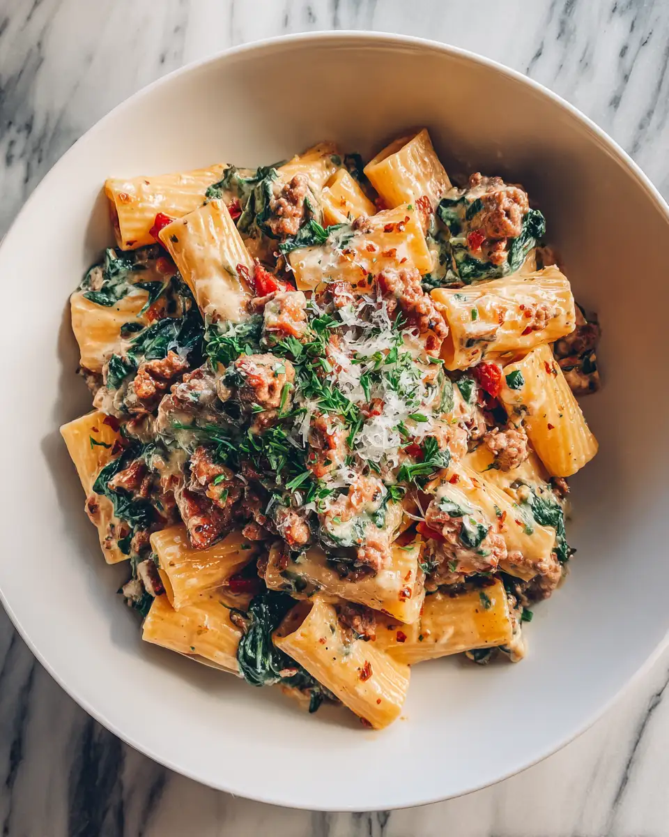 Final dish - Irresistible Creamy Sausage Rigatoni with Spinach Recipe to Satisfy Your Cravings