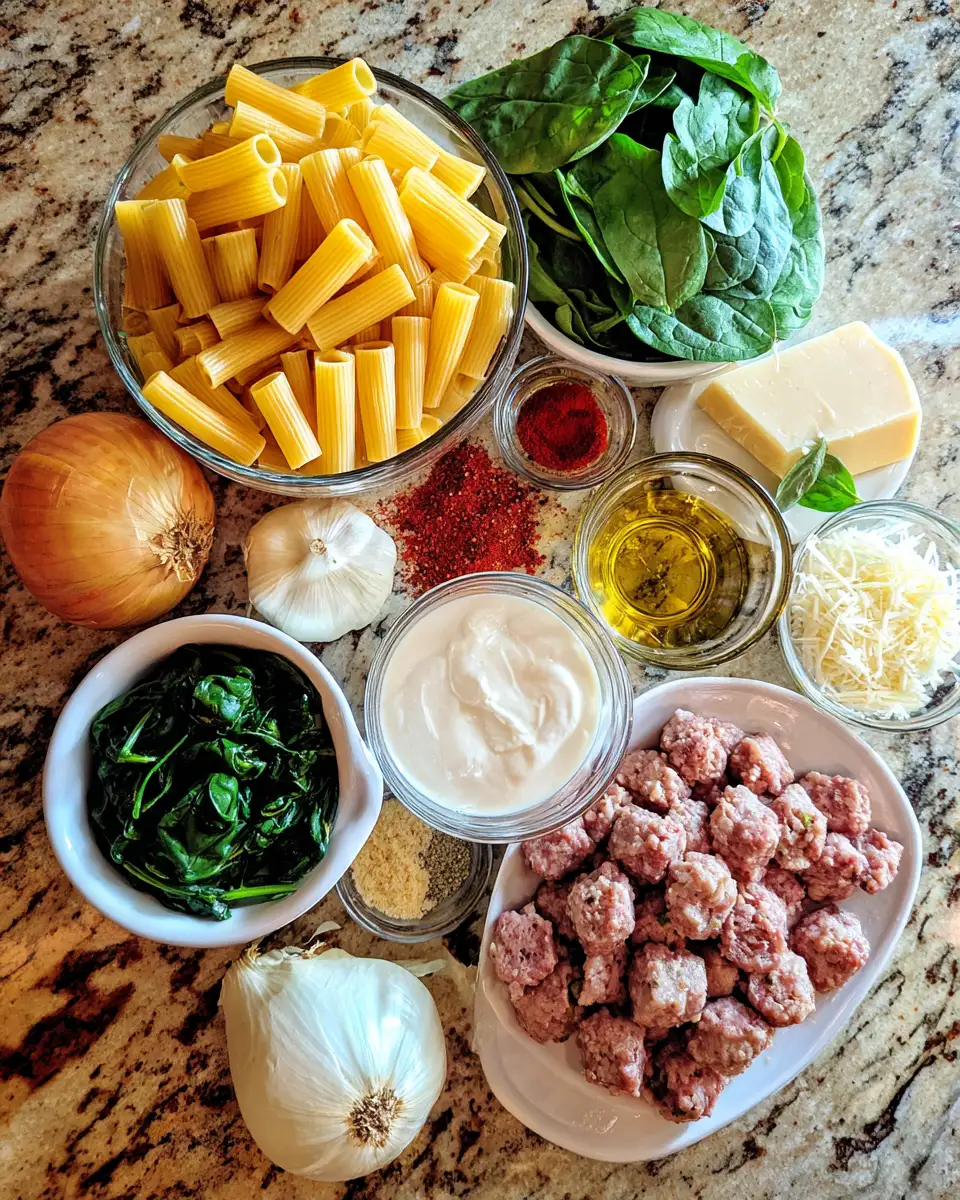 Ingredients for Irresistible Creamy Sausage Rigatoni with Spinach Recipe to Satisfy Your Cravings
