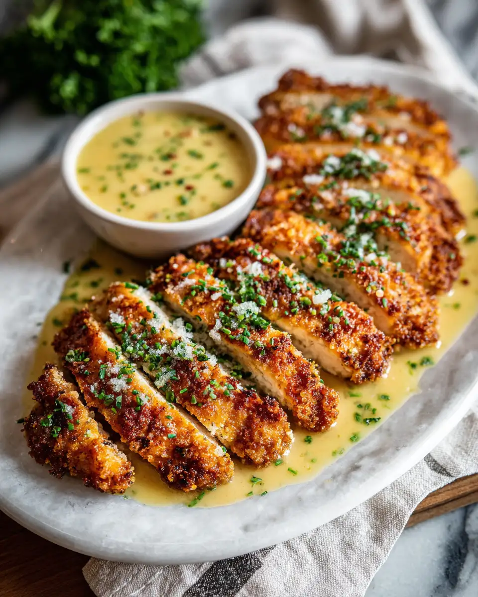 Final dish - Ultimate Crispy Parmesan Chicken with Irresistible Creamy Garlic Sauce