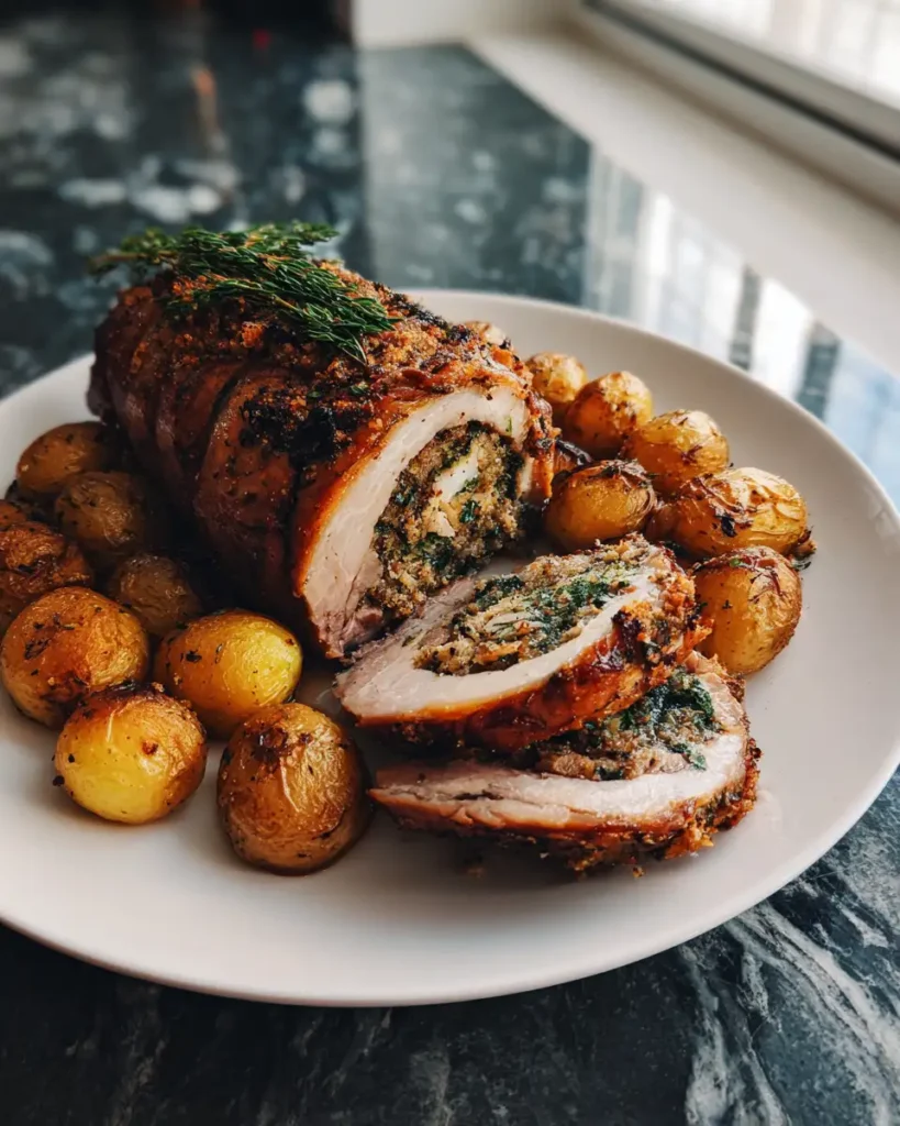 Irresistible Crispy Stuffed Pork Loin Roast with Golden Potatoes Perfect for a Delicious Feast - Featured Image