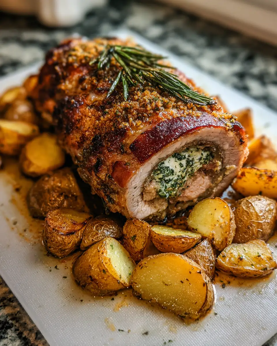 Final dish - Irresistible Crispy Stuffed Pork Loin Roast with Golden Potatoes Perfect for a Delicious Feast