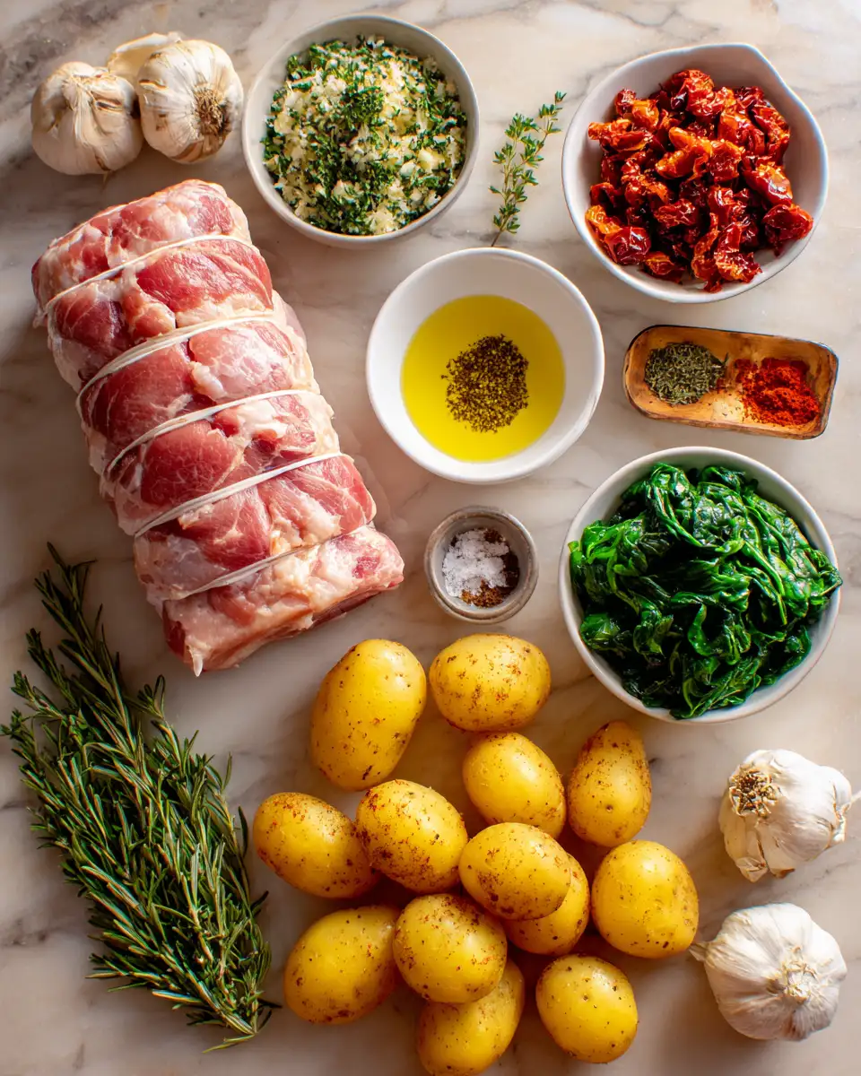 Ingredients for Irresistible Crispy Stuffed Pork Loin Roast with Golden Potatoes Perfect for a Delicious Feast