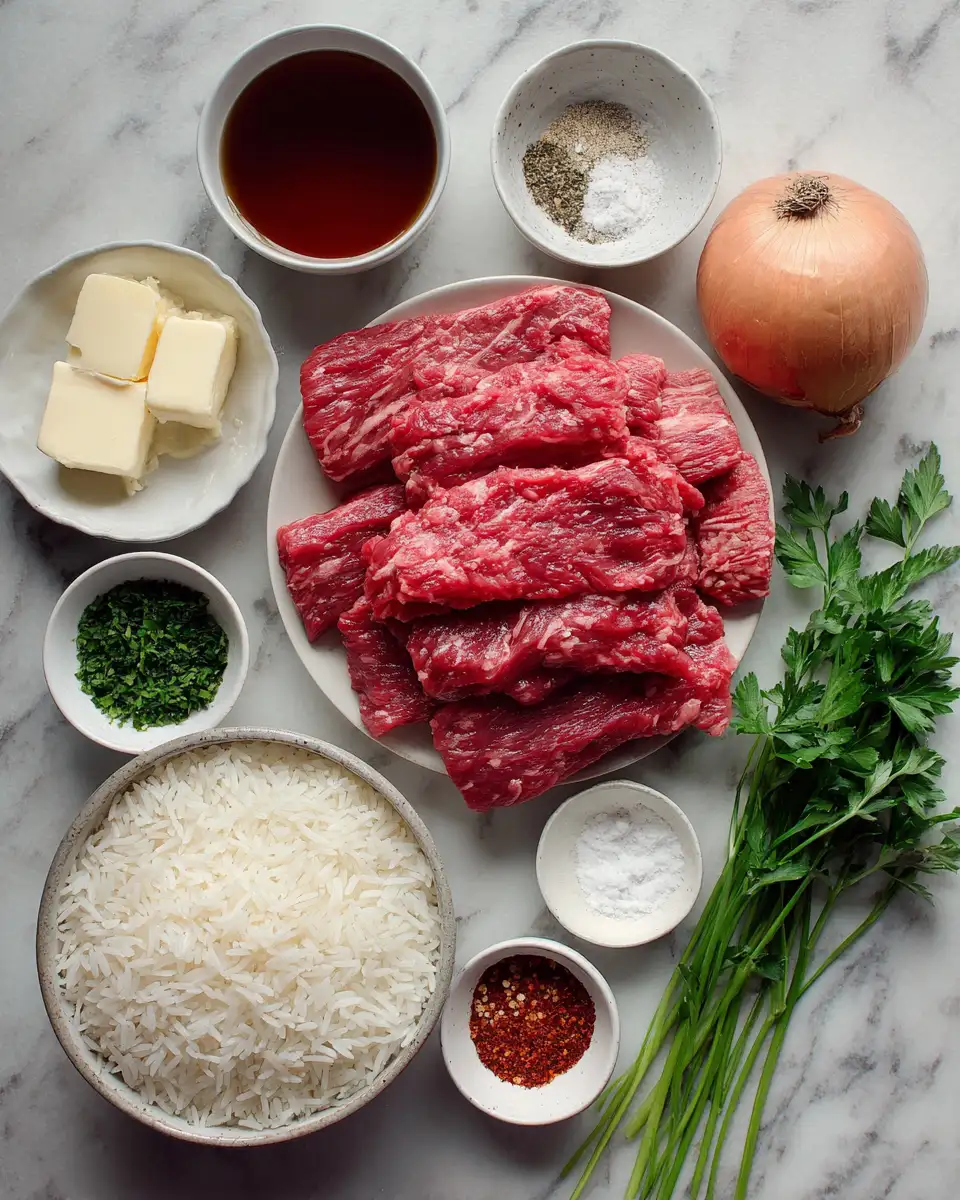 Ingredients for Irresistible Garlic Butter Beef and Rice Skillet for Every Lover of Delicious One-Pan Meals