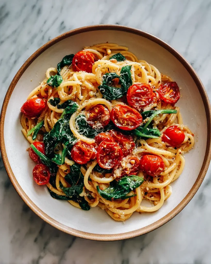 Irresistible Garlic Butter Pasta with Juicy Tomatoes and Fresh Spinach - Featured Image