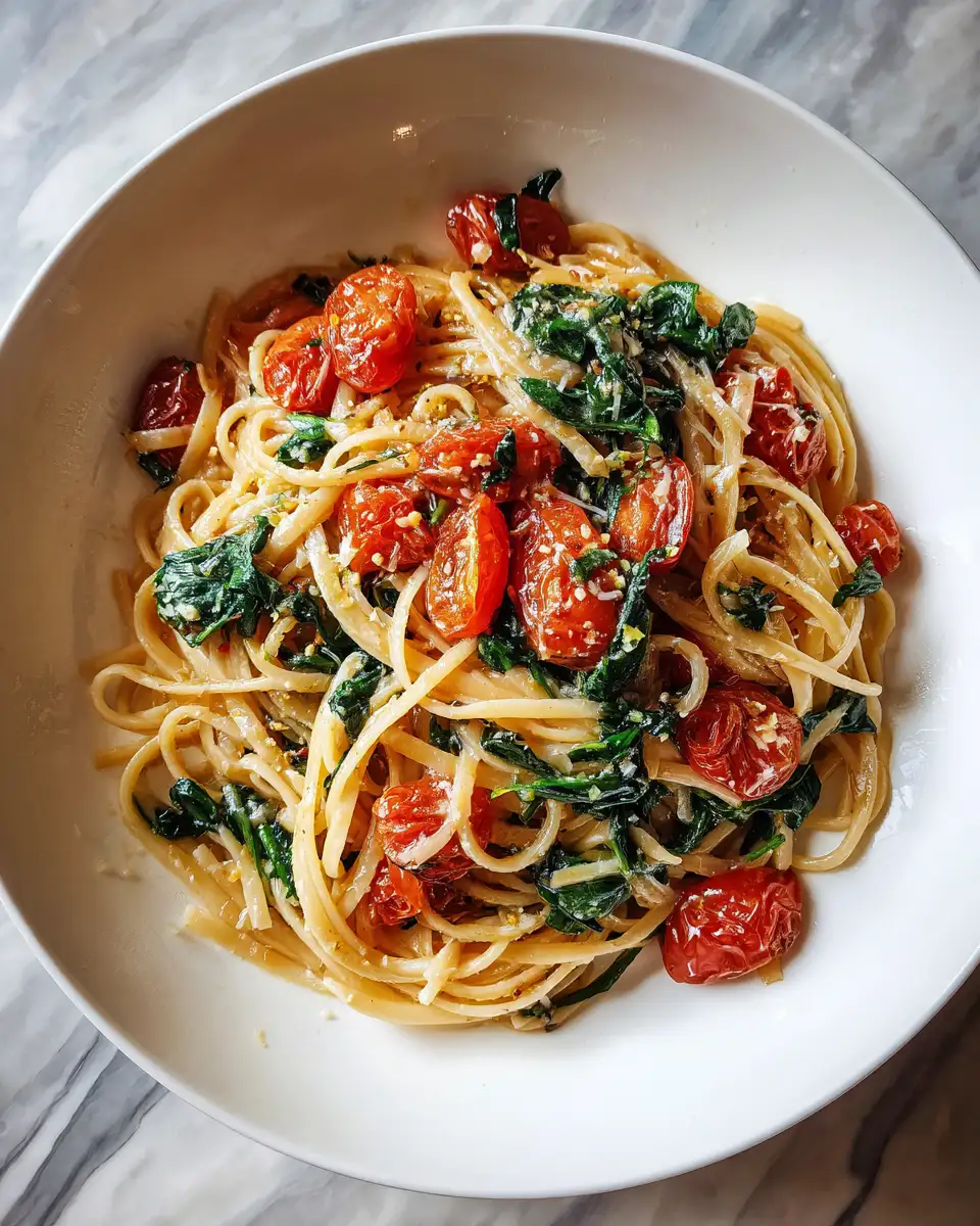 Final dish - Irresistible Garlic Butter Pasta with Juicy Tomatoes and Fresh Spinach