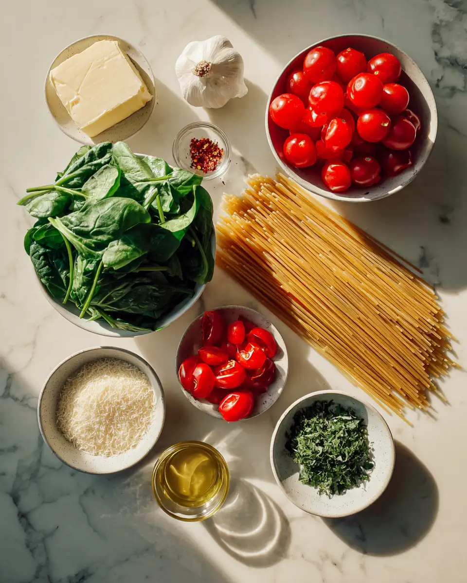 Ingredients for Irresistible Garlic Butter Pasta with Juicy Tomatoes and Fresh Spinach