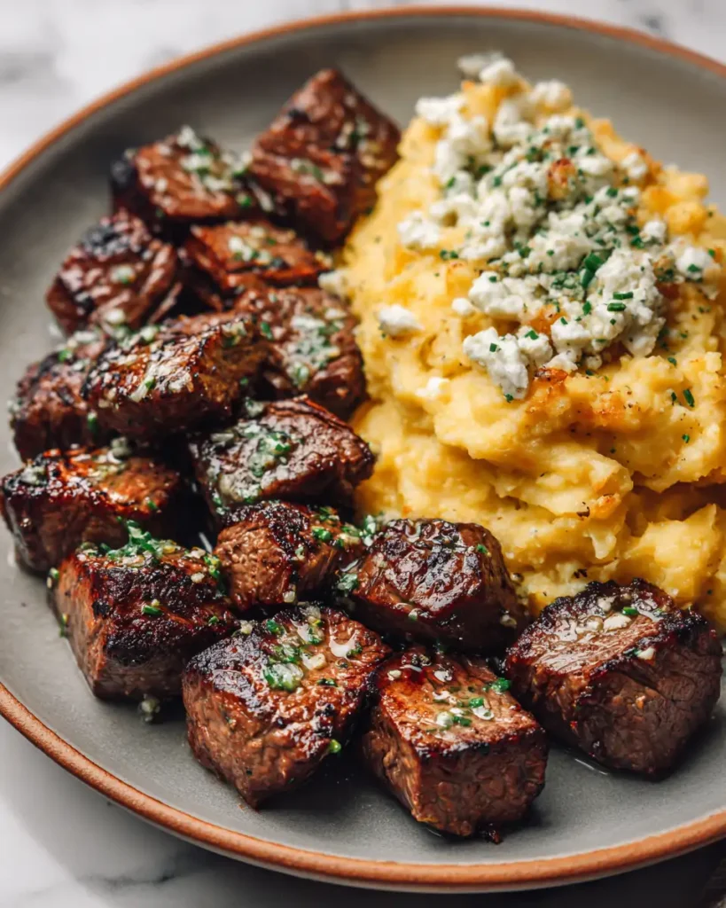 Irresistible Garlic Butter Steak Bites with Creamy Cheesy Smashed Potatoes - Featured Image
