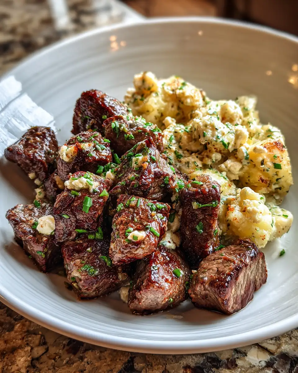 Final dish - Irresistible Garlic Butter Steak Bites with Creamy Cheesy Smashed Potatoes