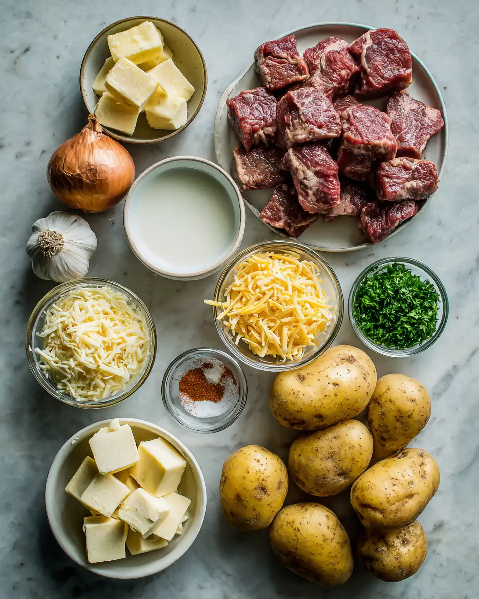 Ingredients for Irresistible Garlic Butter Steak Bites with Creamy Cheesy Smashed Potatoes
