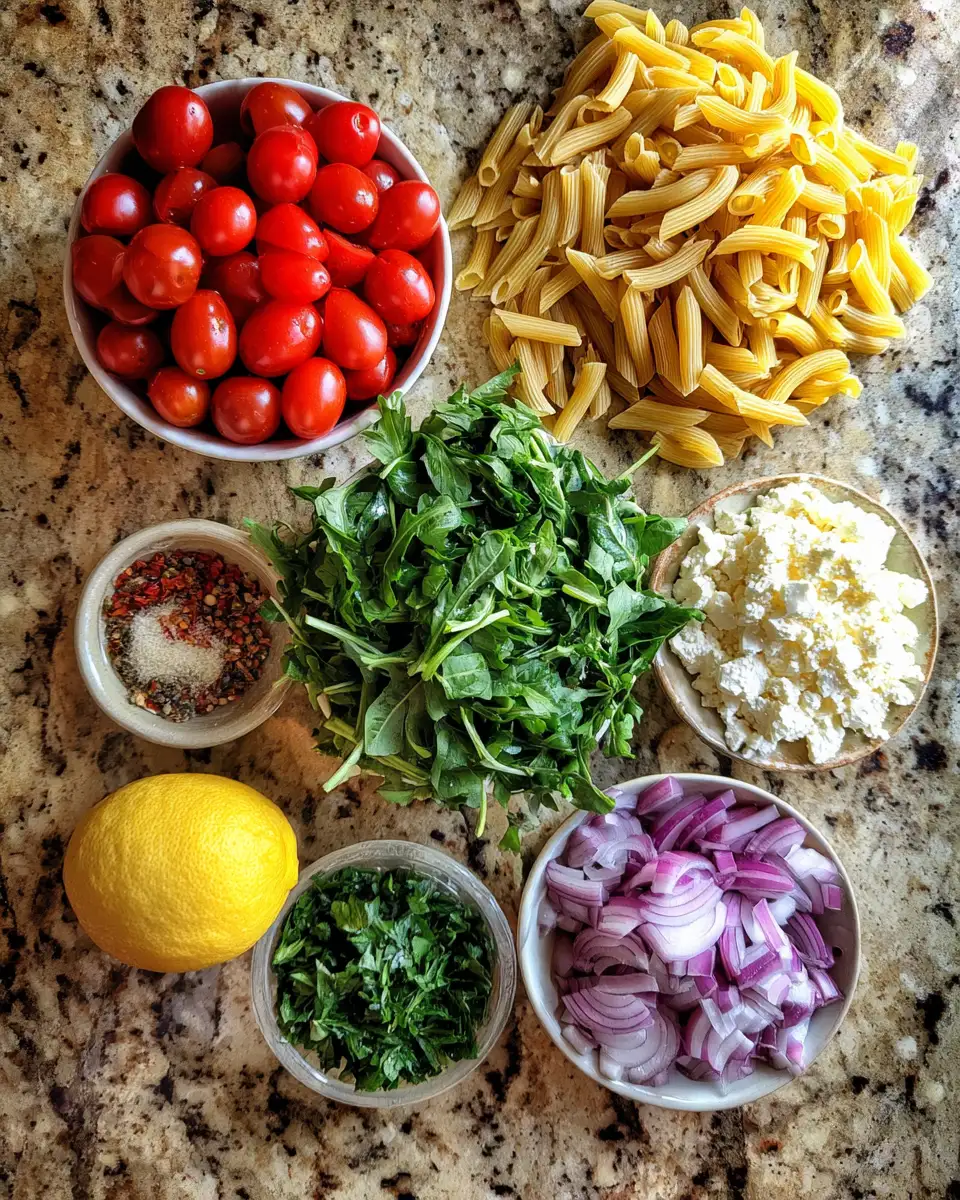 Ingredients for Bright and Tangy Lemon Arugula Pasta Salad Recipe to Refresh Your Summer
