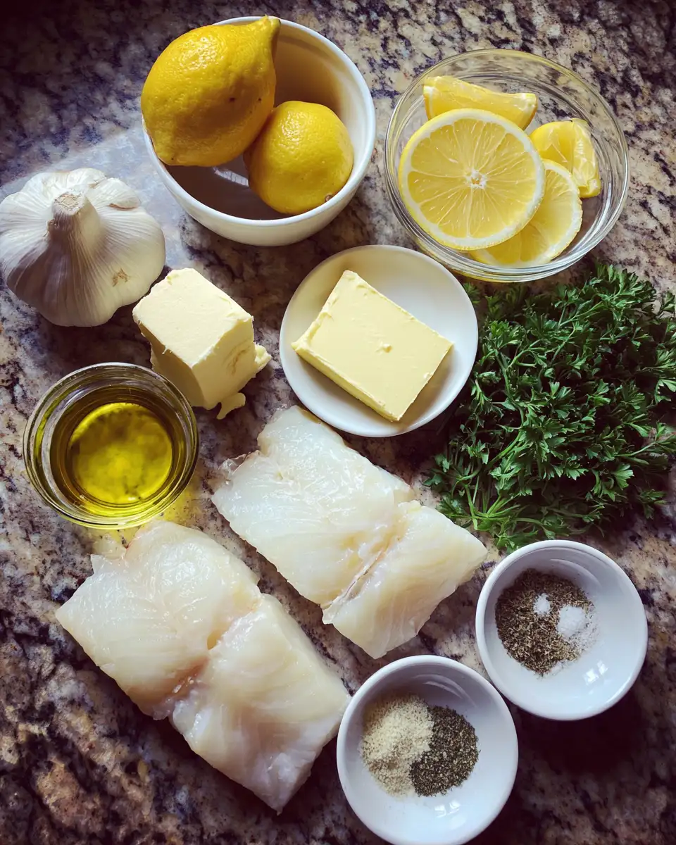 Ingredients for Perfectly Pan-Seared Lemon Garlic Butter Cod Recipe for a Bright and Delicious Meal