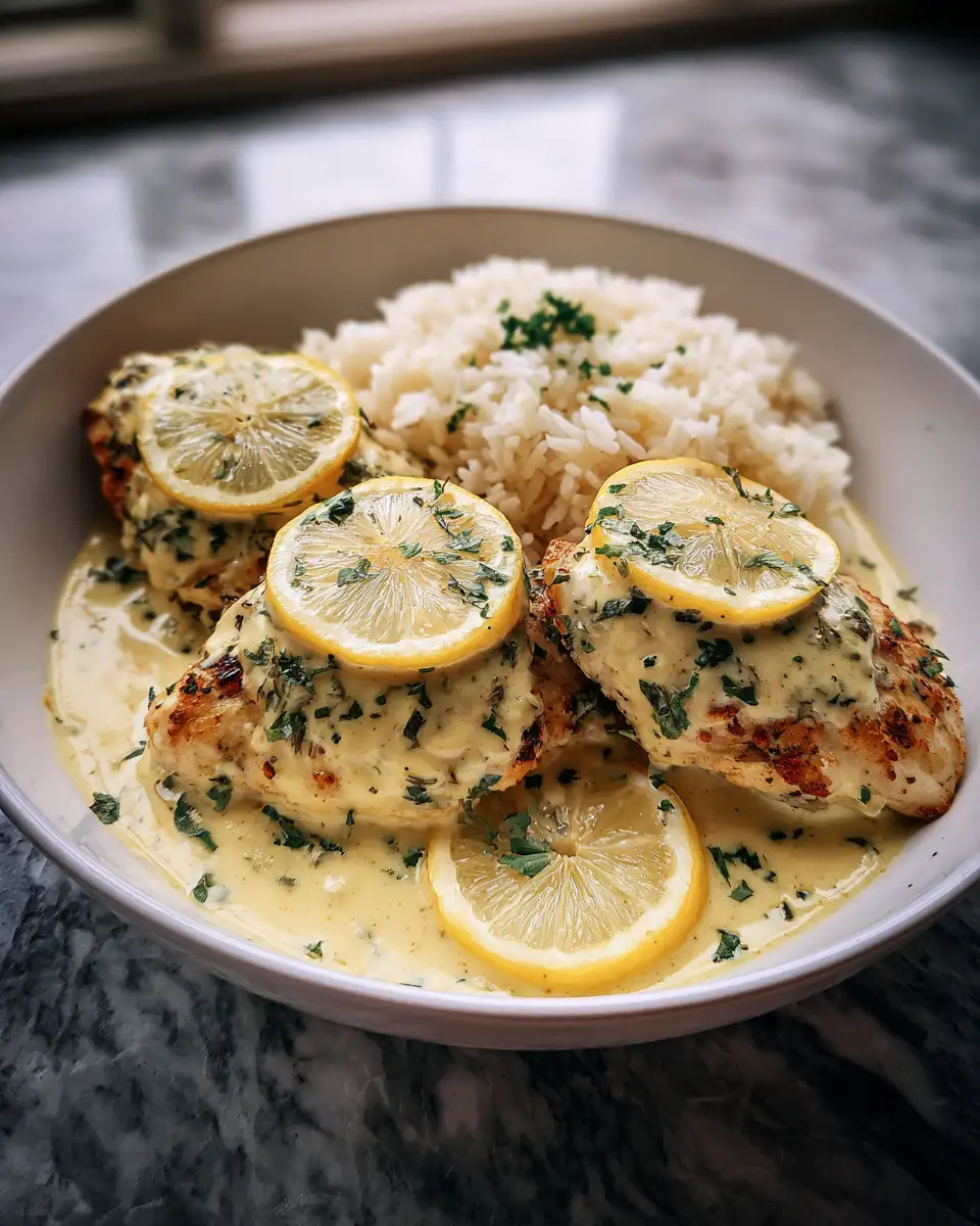 Final dish - Delicious Lemon Herb Chicken with Creamy Sauce and Fluffy Rice to Brighten Your Meal