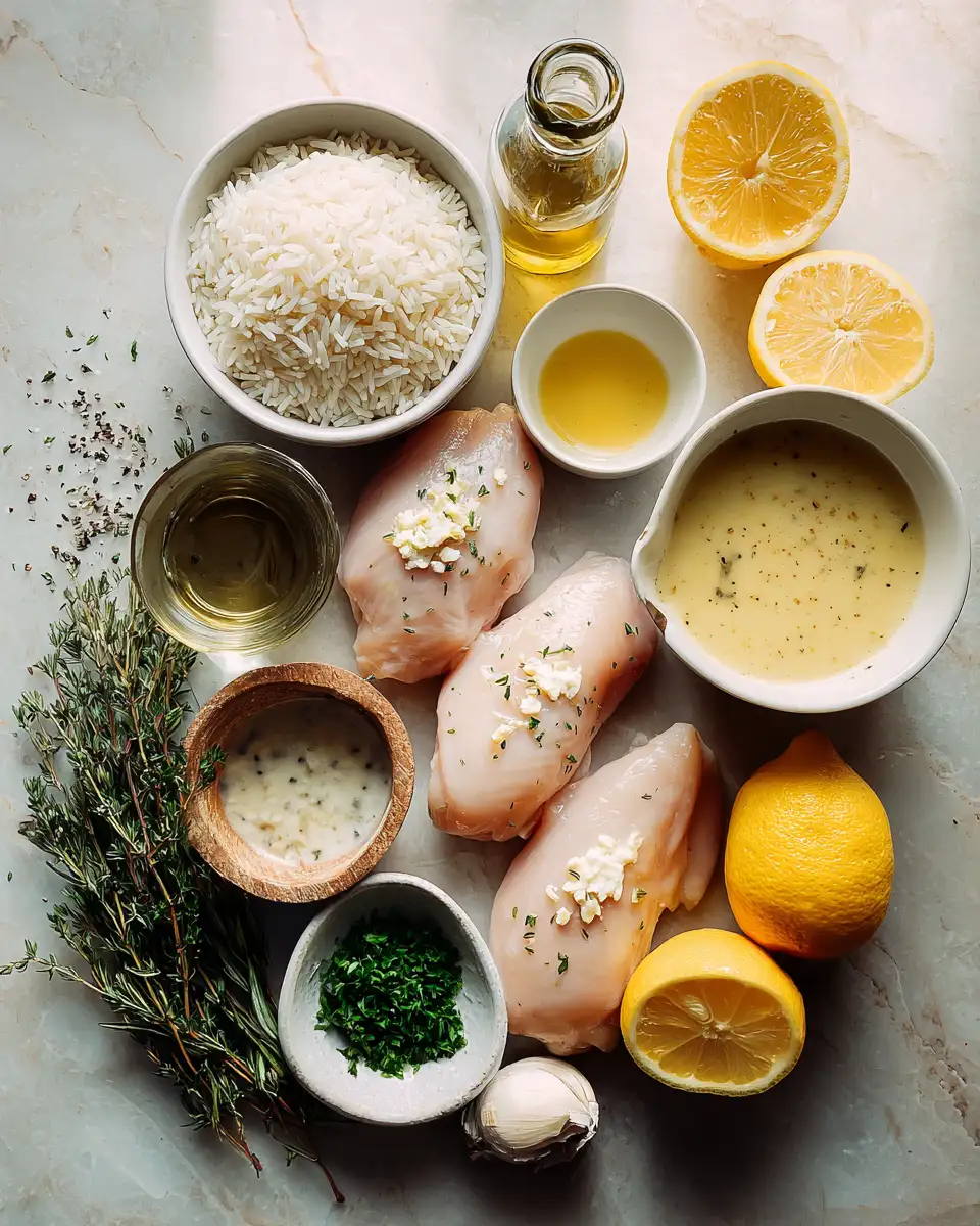 Ingredients for Delicious Lemon Herb Chicken with Creamy Sauce and Fluffy Rice to Brighten Your Meal