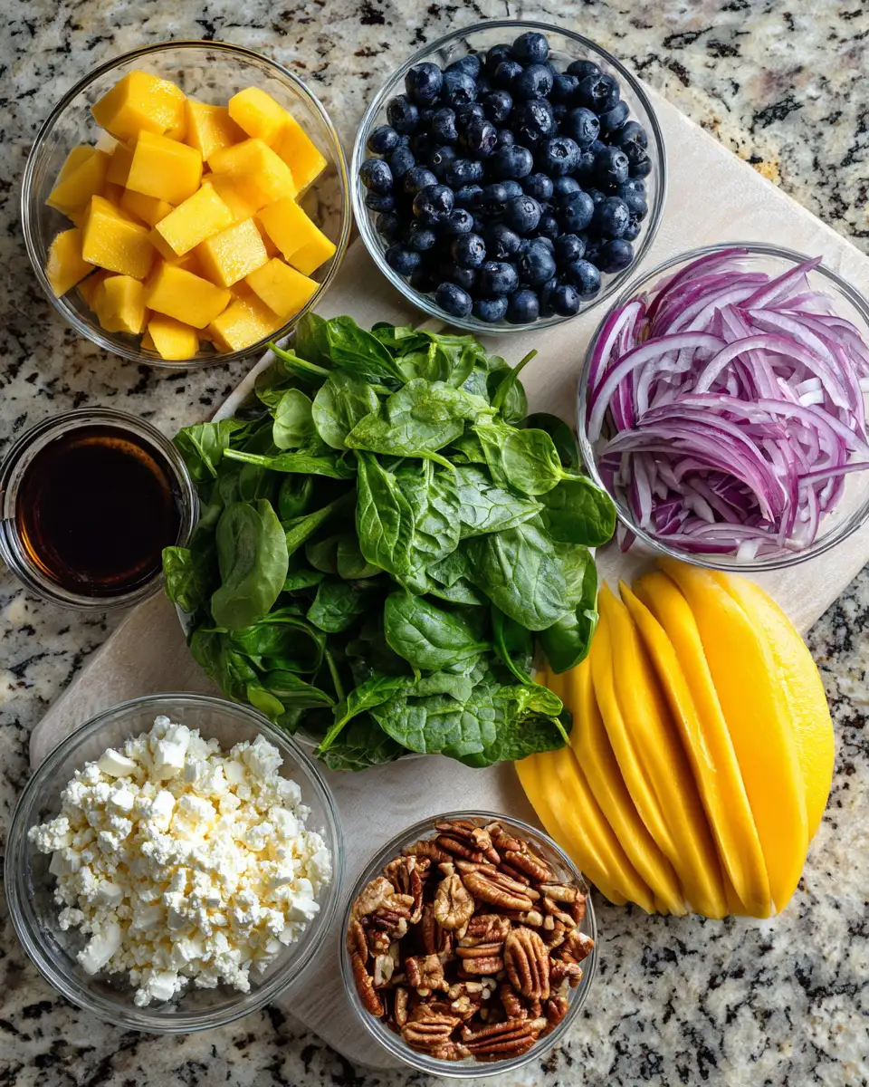 Ingredients for Fresh and Flavorful Mango Blueberry Spinach Salad Perfect for Summer