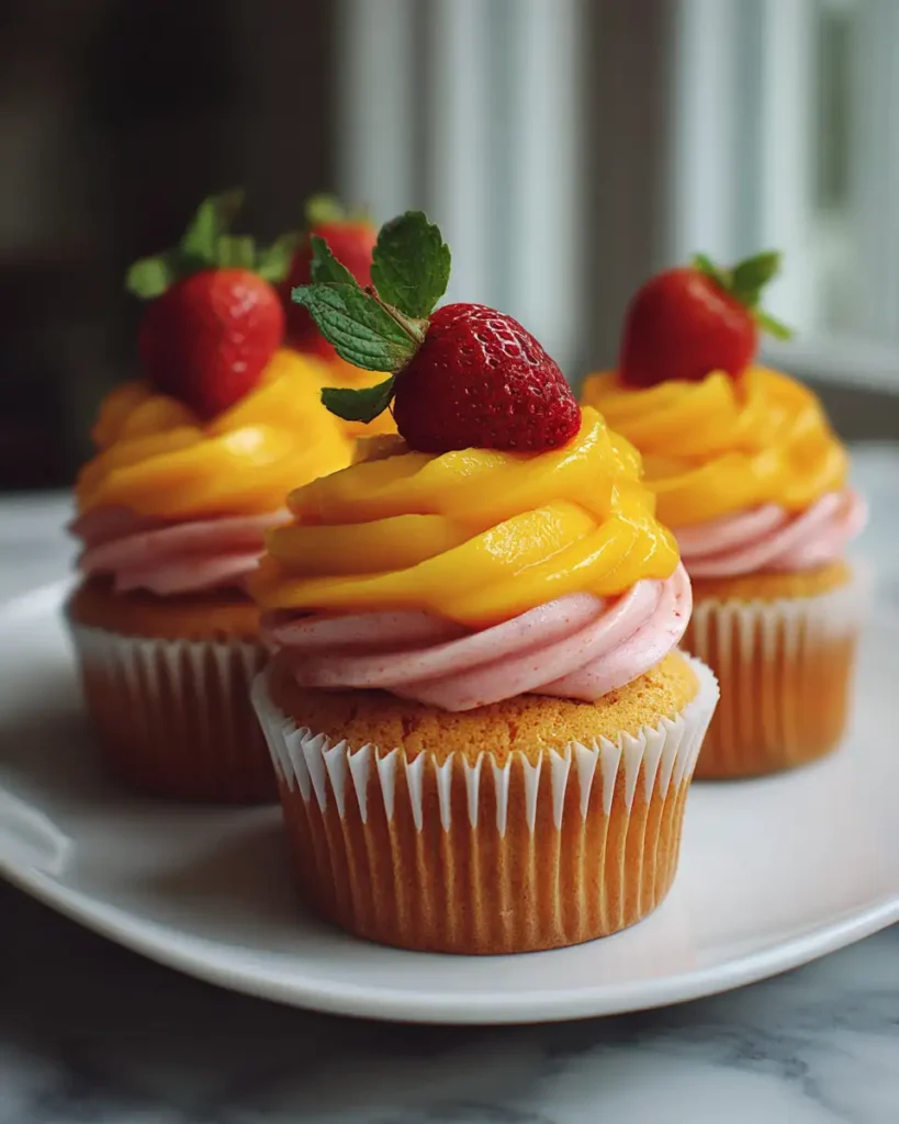 Sweet and Tangy Mango Strawberry Sunset Cupcakes to Brighten Your Day - Featured Image