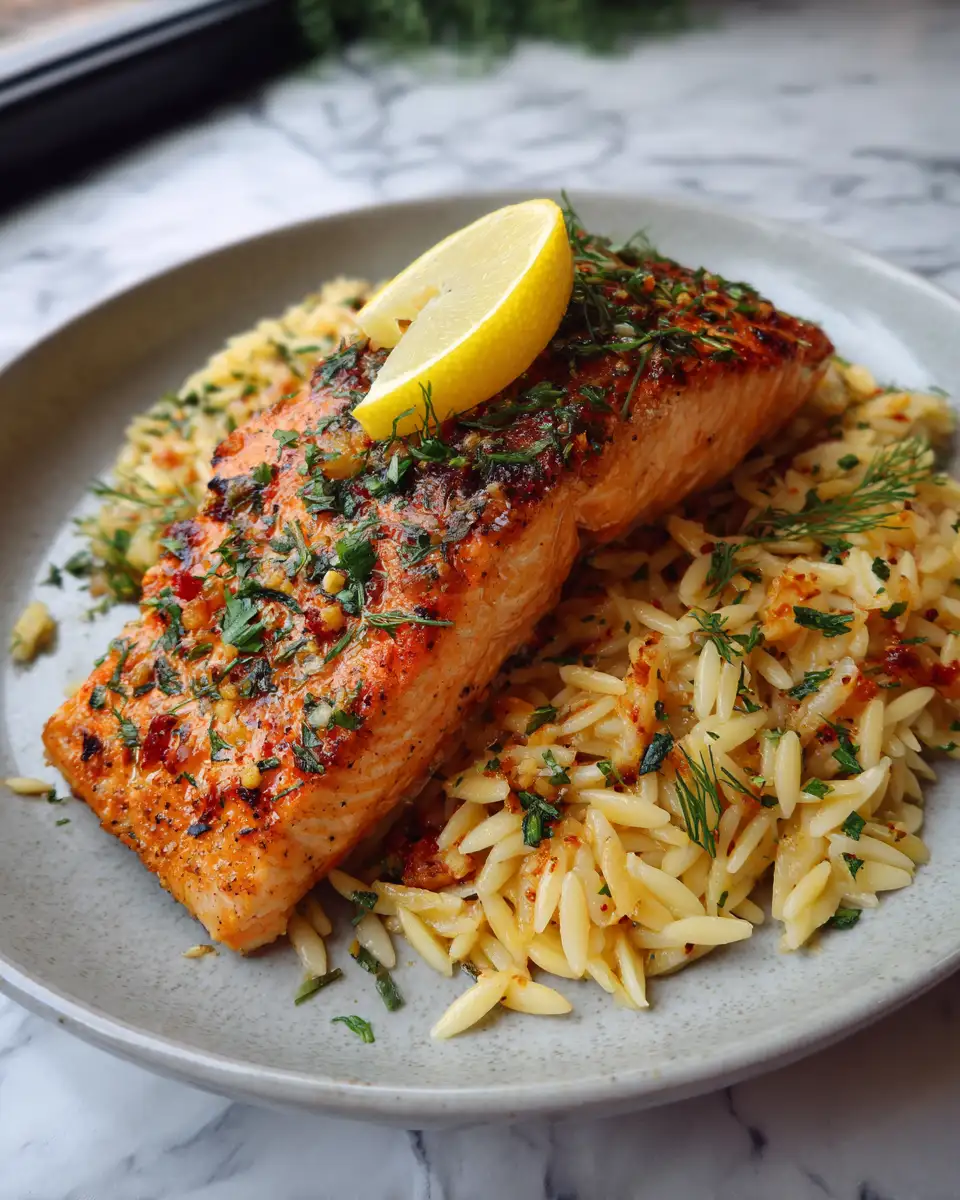 Final dish - Delicious One Skillet Salmon with Lemon Orzo Perfect for a Quick and Healthy Meal