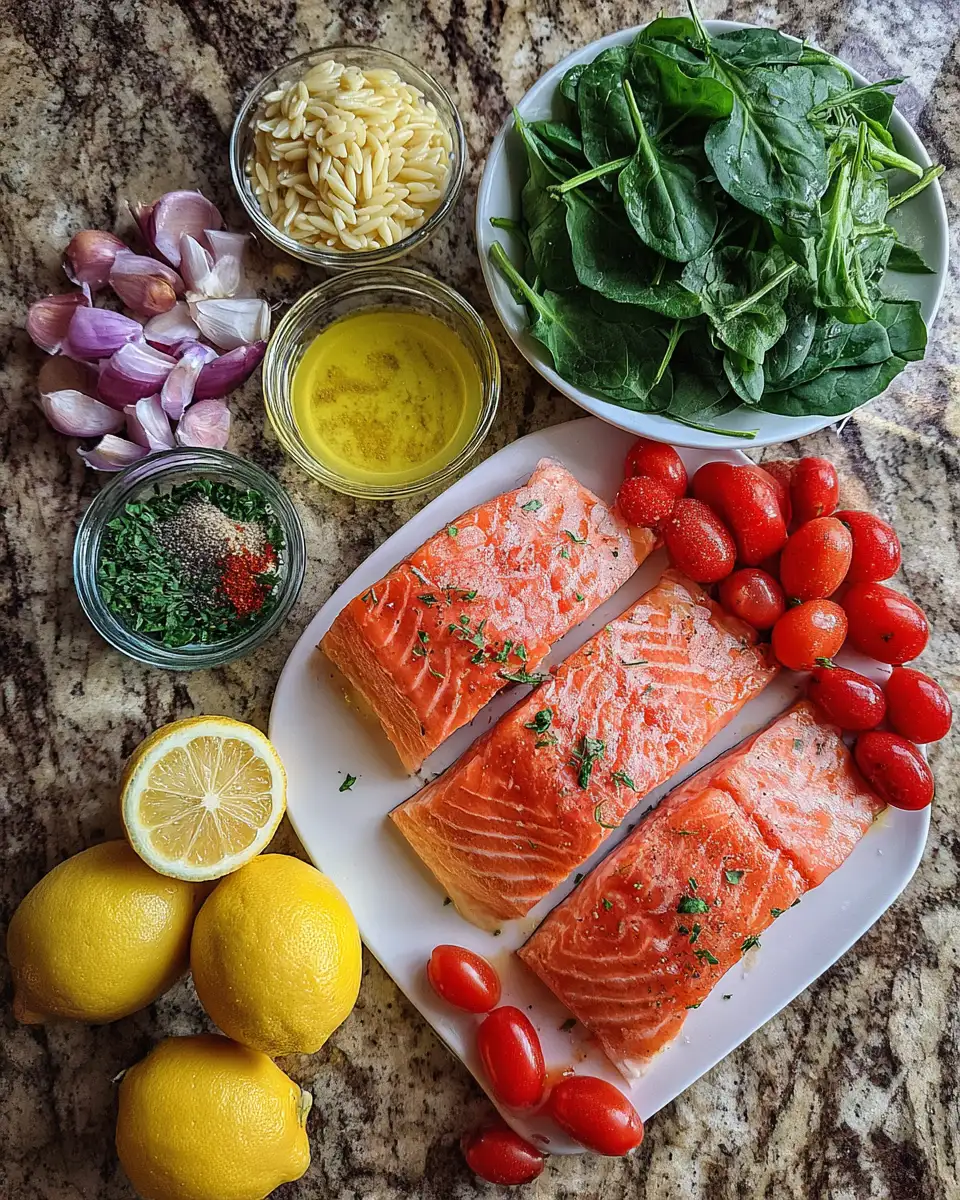 Ingredients for Delicious One Skillet Salmon with Lemon Orzo Perfect for a Quick and Healthy Meal
