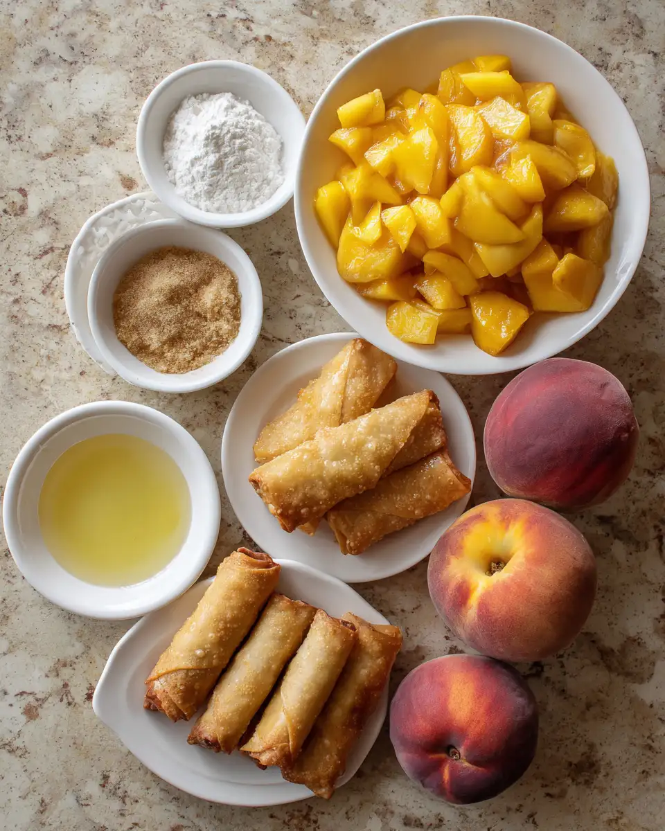 Ingredients for Sweet and Crispy Peach Cobbler Egg Rolls Perfect for Dessert Lovers