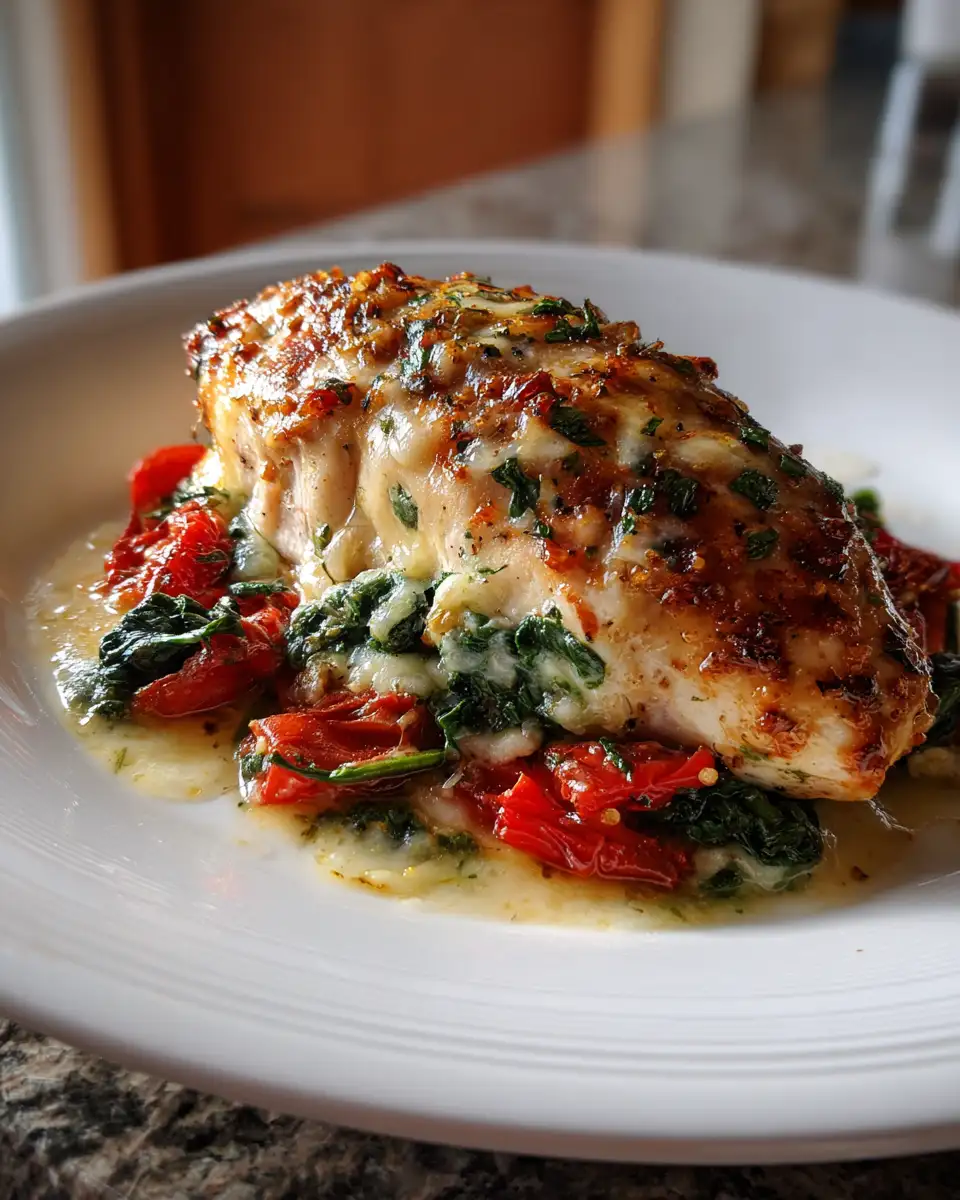 Final dish - Deliciously Stuffed Chicken with Roasted Red Peppers Spinach and Mozzarella