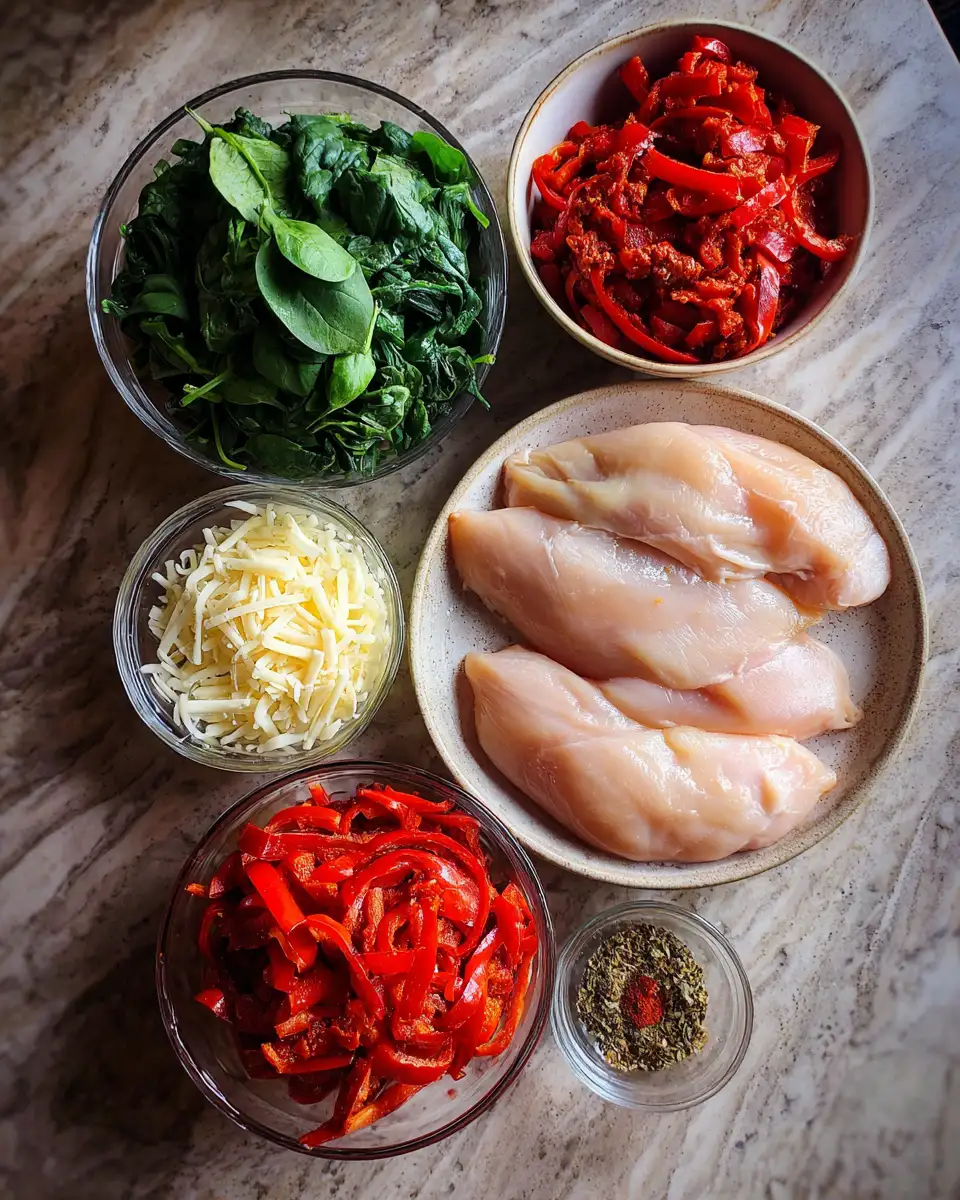 Ingredients for Deliciously Stuffed Chicken with Roasted Red Peppers Spinach and Mozzarella