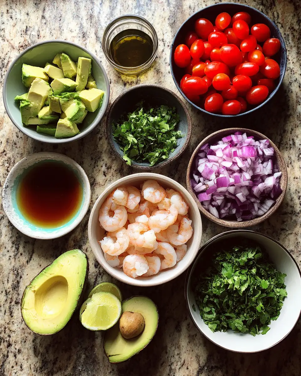 Ingredients for Delicious Shrimp Salad with Creamy Avocado and Fresh Salsa Perfect for Summer