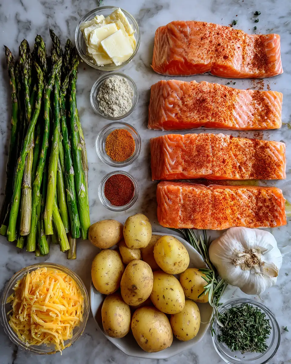 Ingredients for Irresistible Spiced Salmon with Cheesy Asparagus and Garlic Herb Potatoes to Satisfy Your Cravings