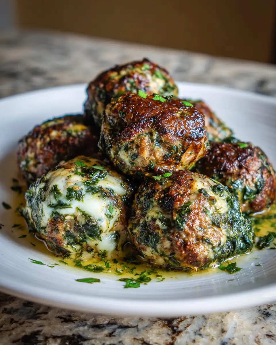 Final dish - Irresistible Spinach Garlic Meatballs Stuffed with Melty Mozzarella