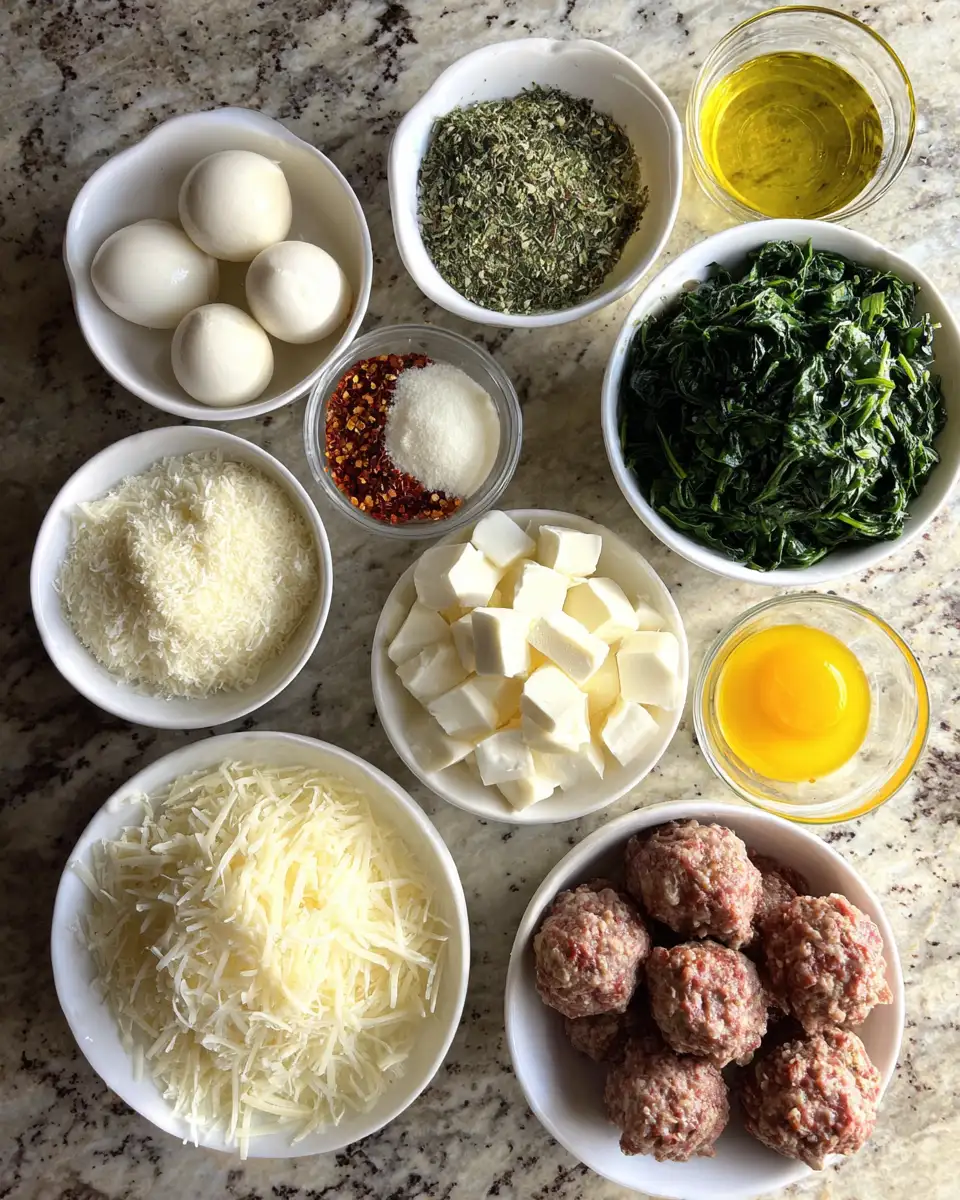Ingredients for Irresistible Spinach Garlic Meatballs Stuffed with Melty Mozzarella