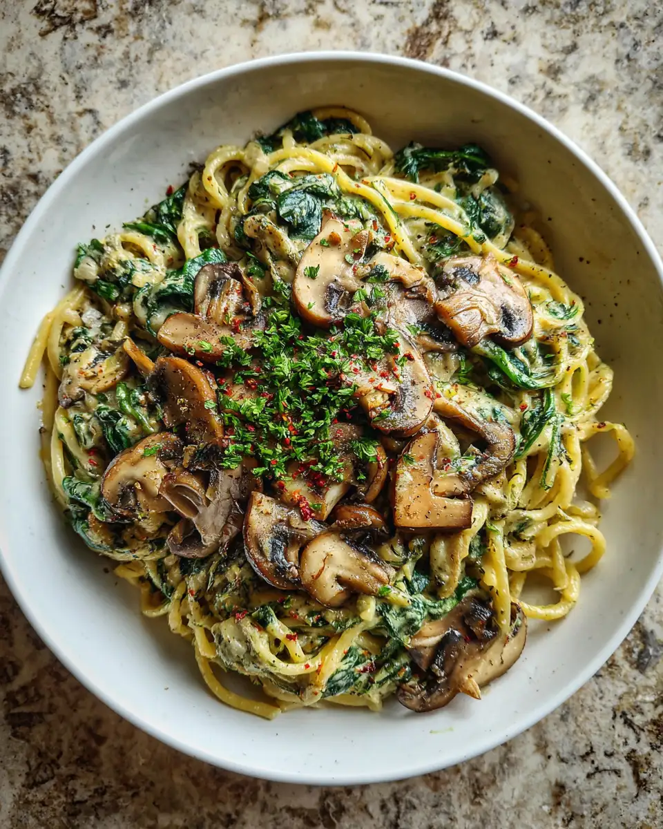 Final dish - Creamy Spinach Mushroom Pasta Recipe for a Deliciously Healthy Dinner