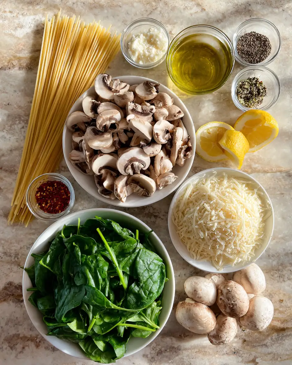 Ingredients for Creamy Spinach Mushroom Pasta Recipe for a Deliciously Healthy Dinner