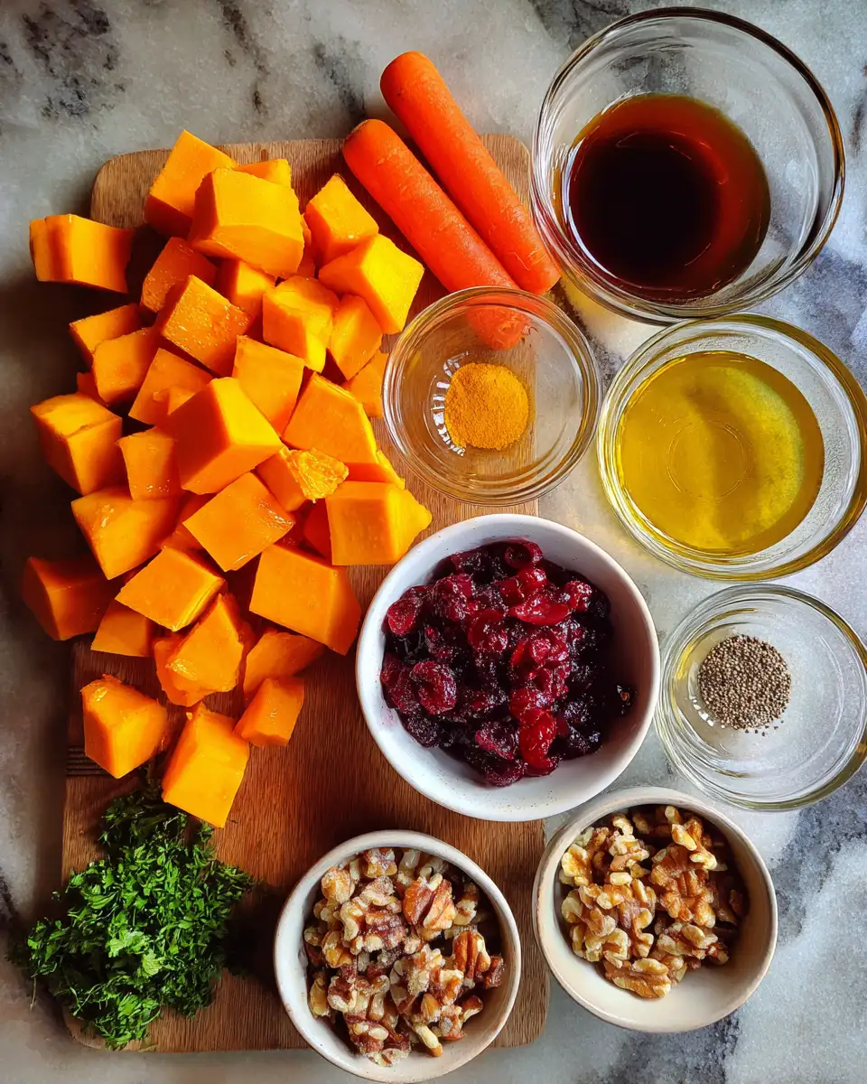 Ingredients for Delicious Squash and Carrot Bake with a Sweet Cranberry Honey Drizzle