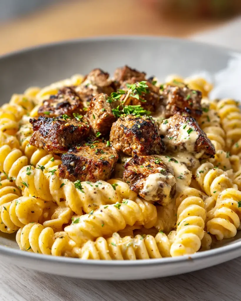 Irresistible Steak Bites Over Cajun-Spiced Alfredo Rotini with a Creamy Parmesan Twist - Featured Image