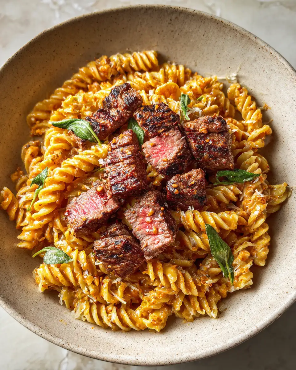 Final dish - Irresistible Steak Bites Over Cajun-Spiced Alfredo Rotini with a Creamy Parmesan Twist