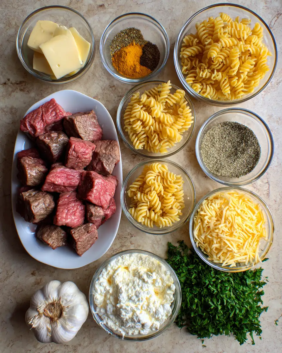 Ingredients for Irresistible Steak Bites Over Cajun-Spiced Alfredo Rotini with a Creamy Parmesan Twist
