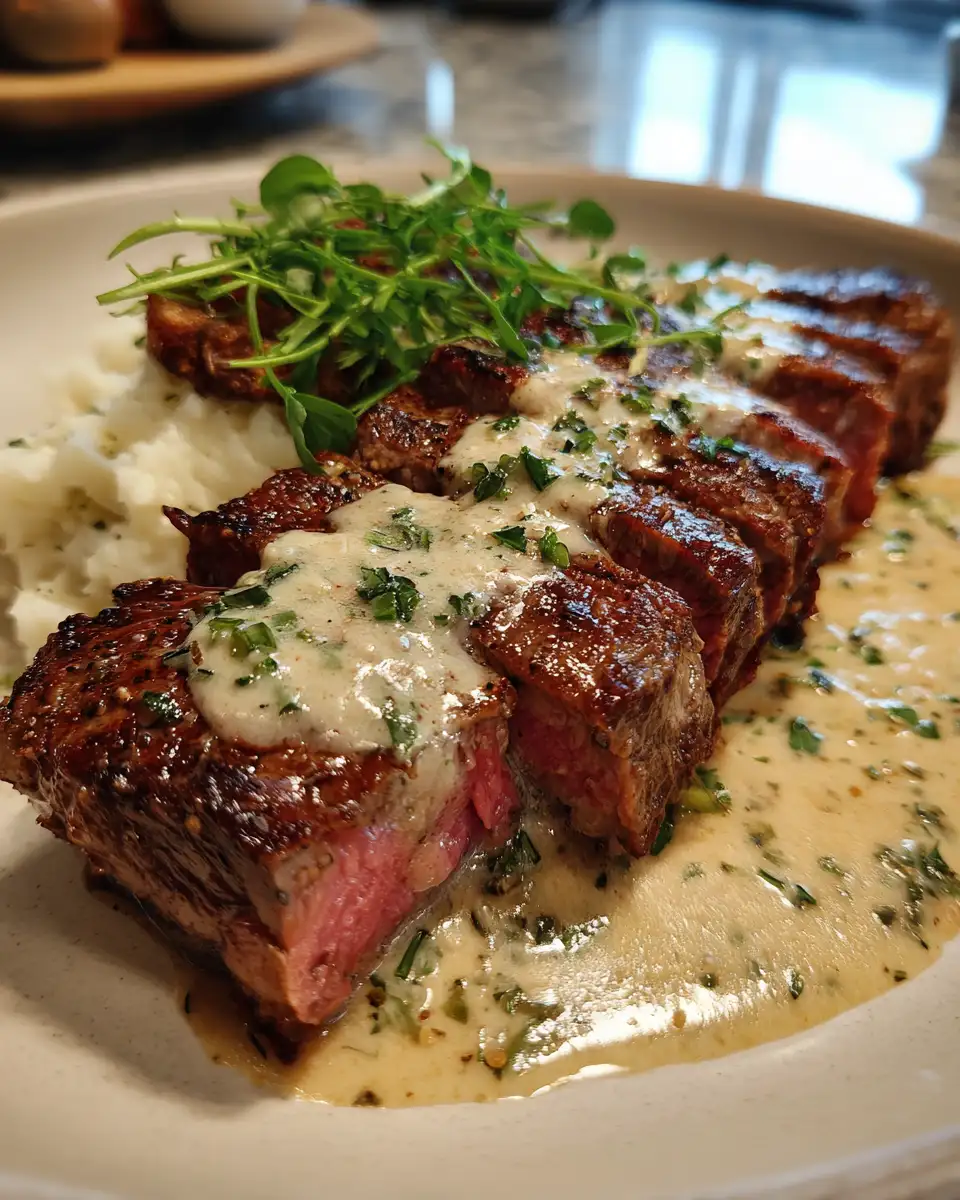 Final dish - Savor the Perfect Juicy Steak with Irresistible Garlic Cream Sauce