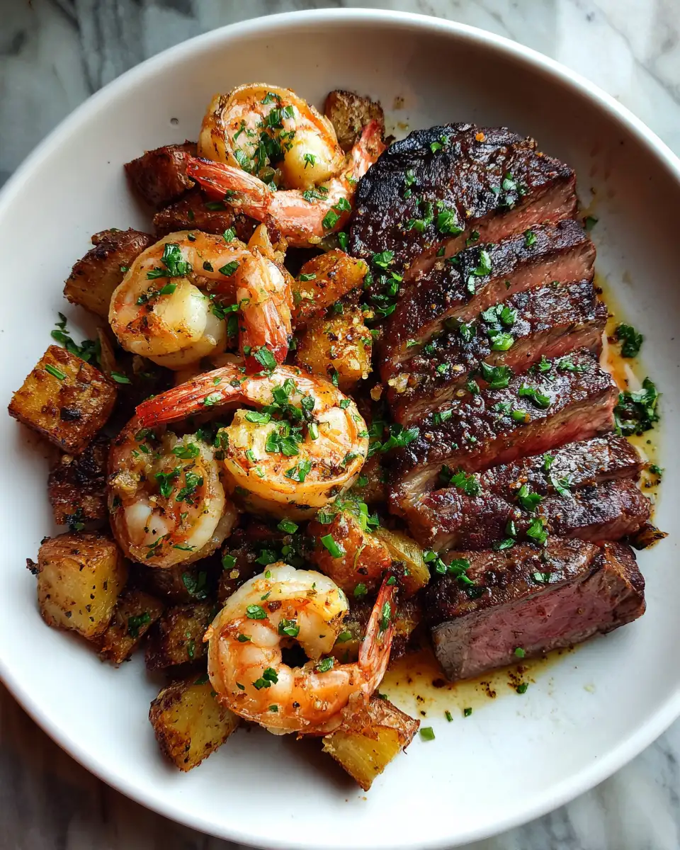 Final dish - Savor the Perfect Feast: Steak with Shrimp and Garlic Butter Potatoes