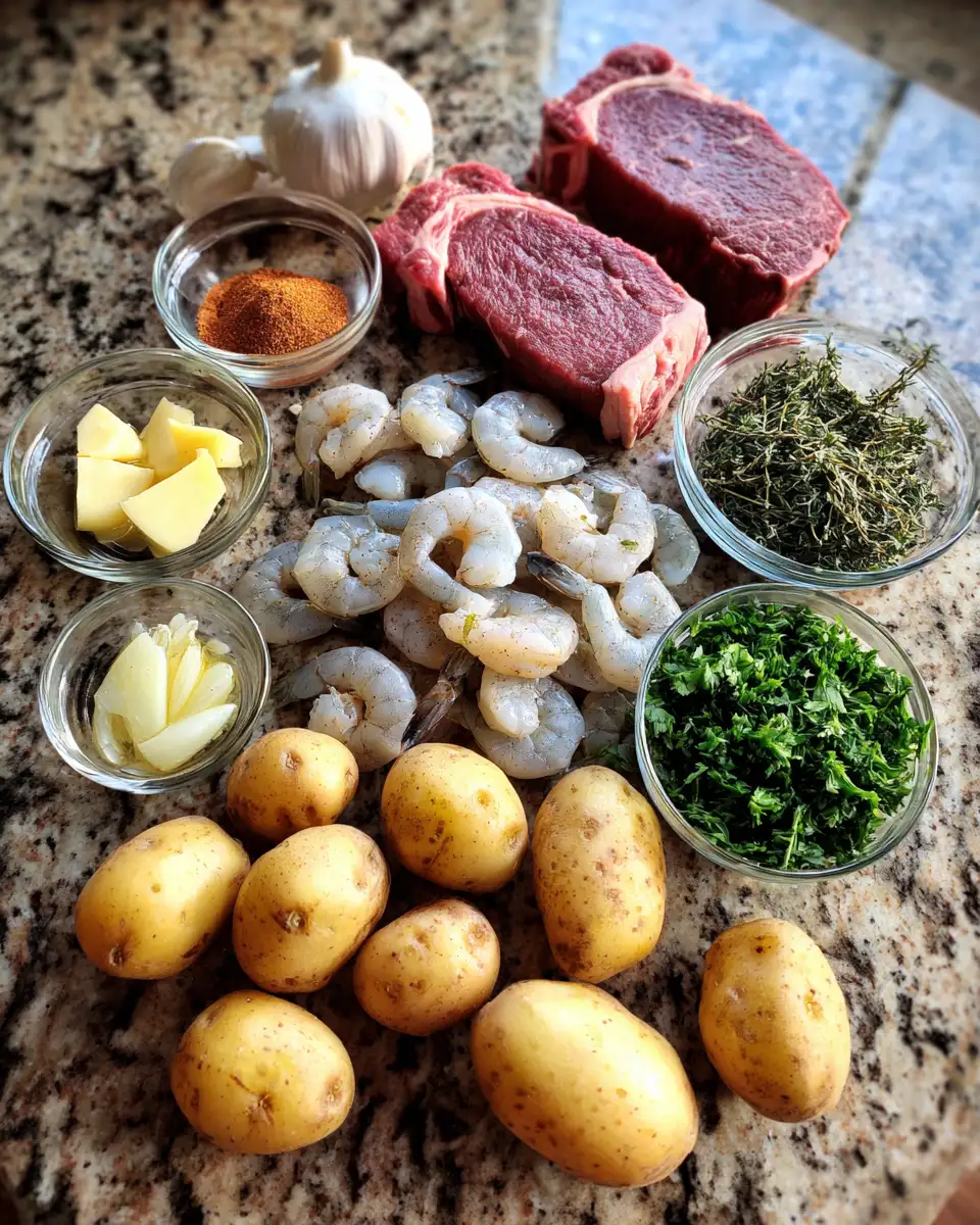 Ingredients for Savor the Perfect Feast: Steak with Shrimp and Garlic Butter Potatoes