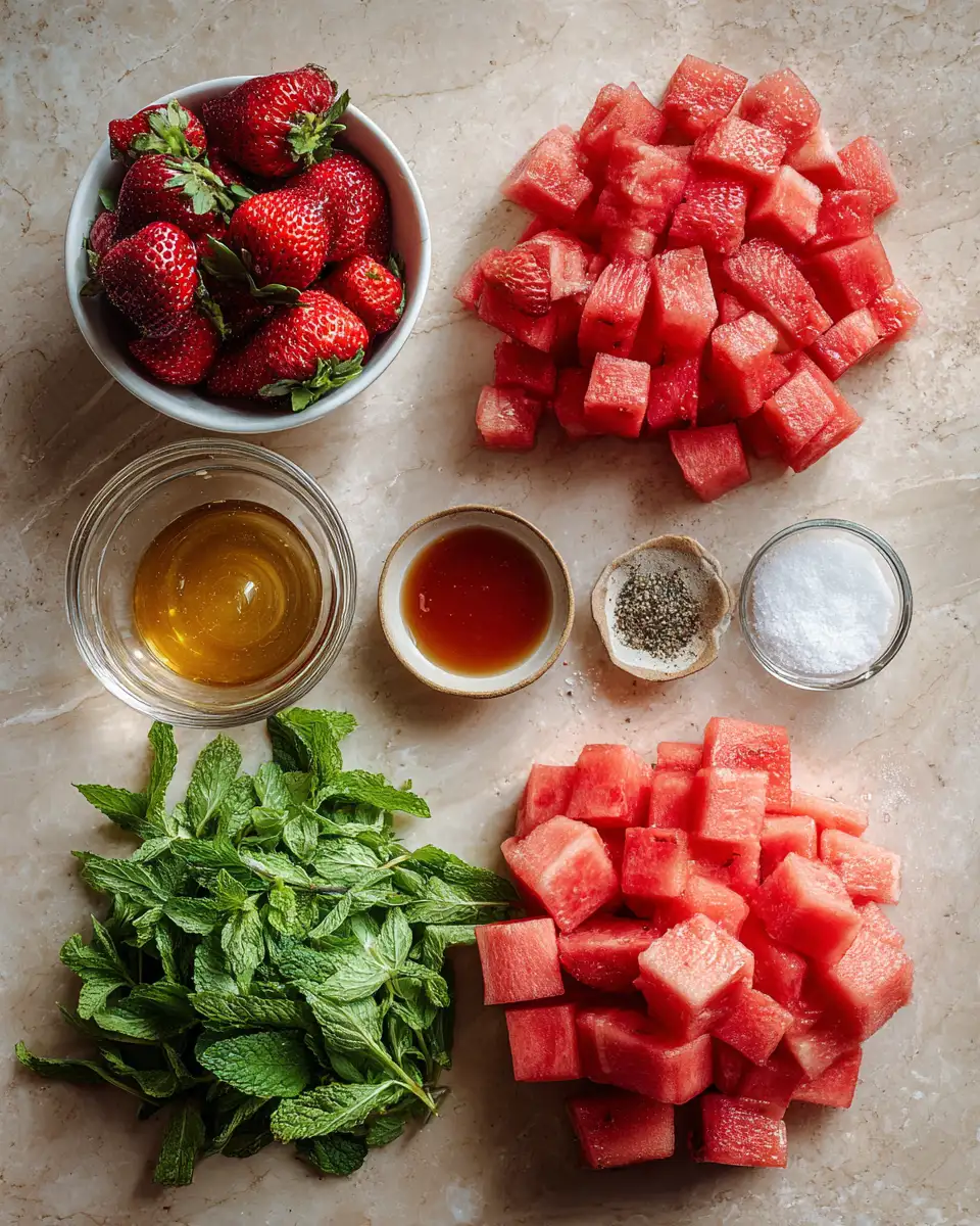 Ingredients for Refreshing Strawberry Watermelon Salad with Honey Perfect for Summer