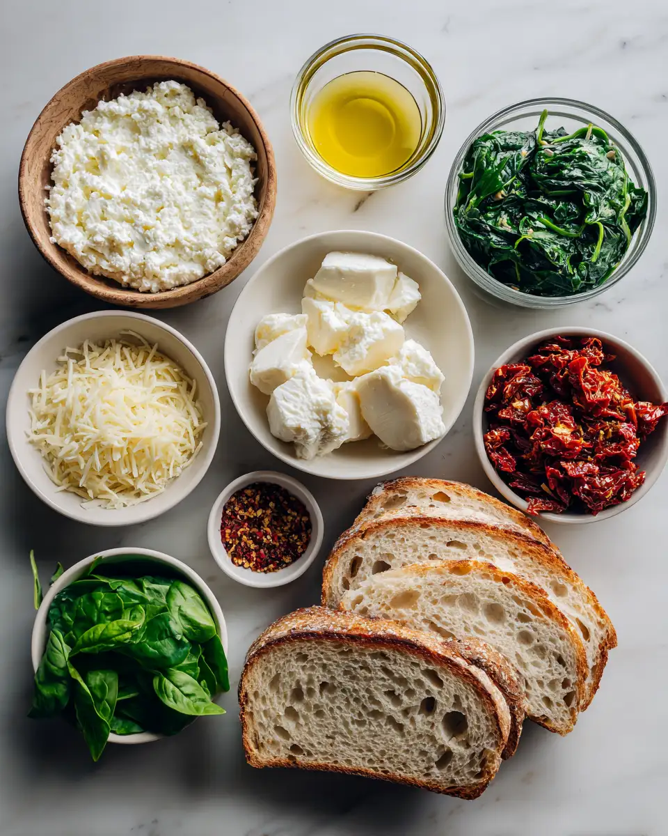 Ingredients for Irresistible Sun-Dried Tomato Spinach Ricotta Grilled Cheese Recipe