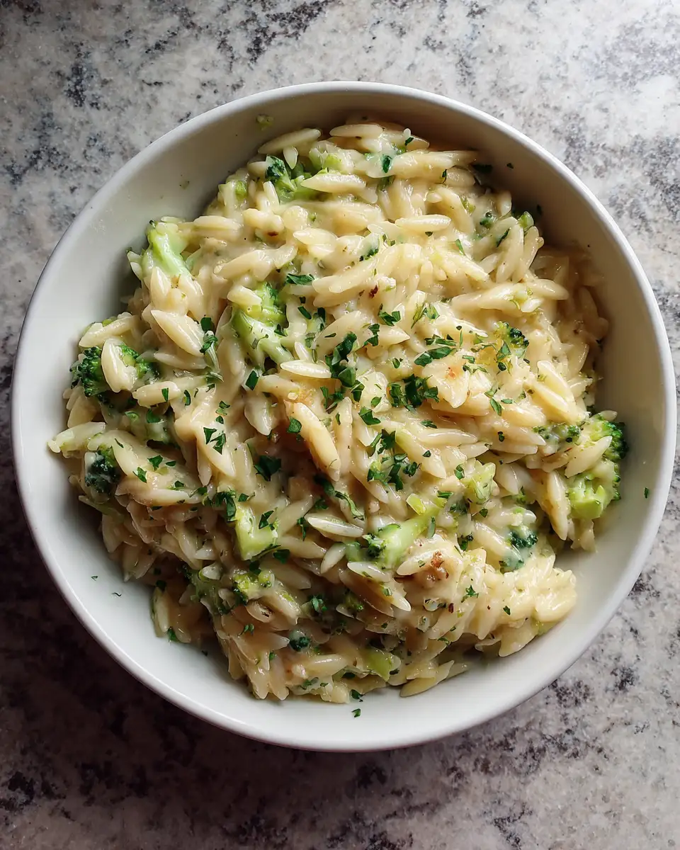 Final dish - Creamy Broccoli Cheese Orzo: A Deliciously Irresistible Comfort Food