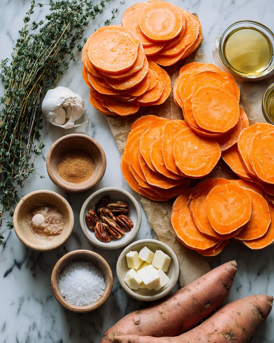 Ingredients for Deliciously Sweet and Savory Brown Sugar Glazed Scalloped Sweet Potatoes