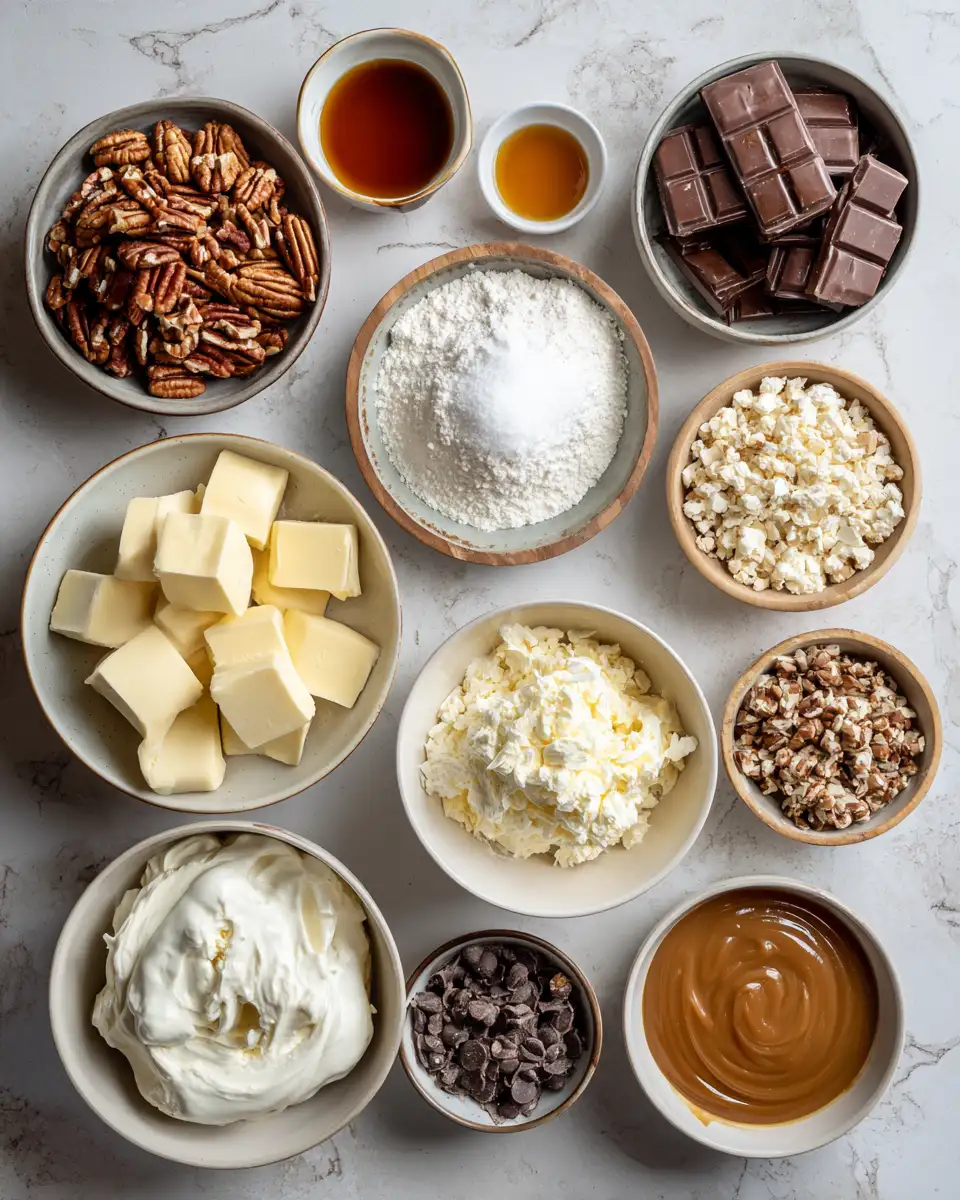 Ingredients for Irresistible Chocolate Caramel Pecan Cheesecake Bites to Satisfy Your Sweet Tooth