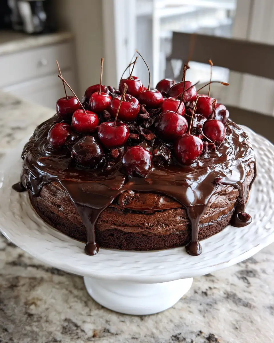 Final dish - Irresistible Decadent Chocolate Cherry Brownie Poke Cake Recipe for Chocolate Lovers