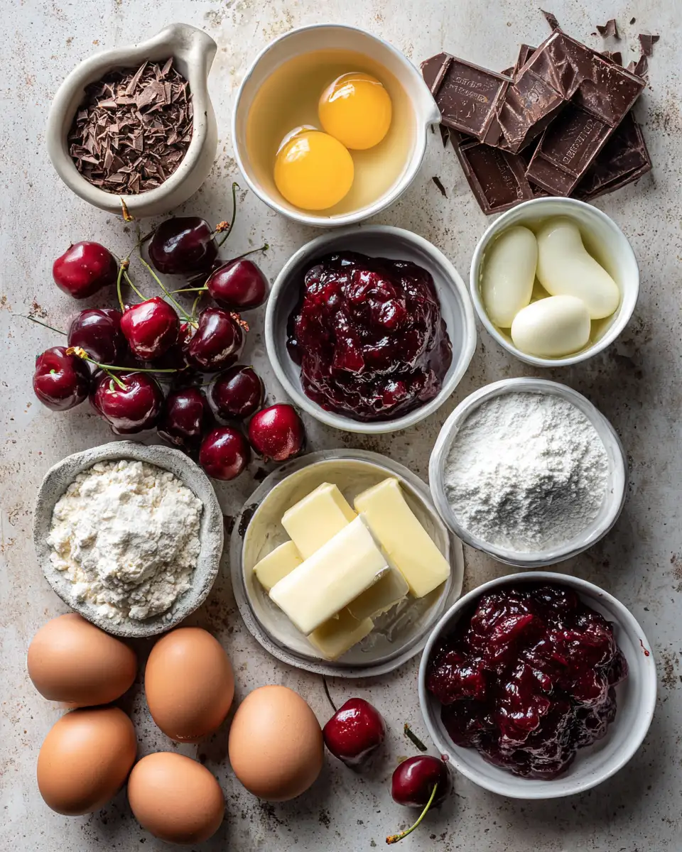 Ingredients for Irresistible Decadent Chocolate Cherry Brownie Poke Cake Recipe for Chocolate Lovers
