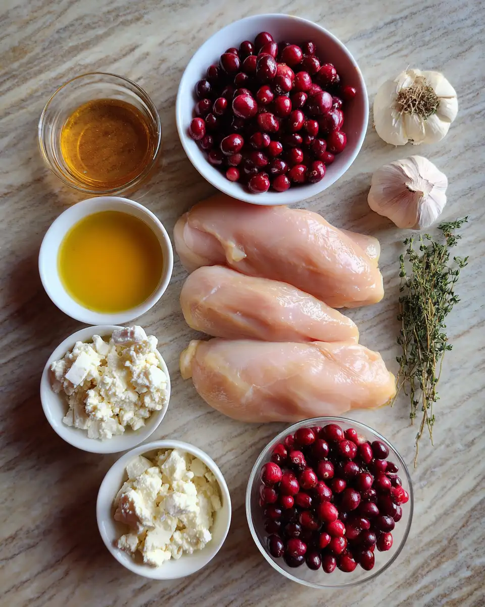 Ingredients for Sweet and Tangy Honey Cranberry Chicken Bake with Creamy Feta Cheese
